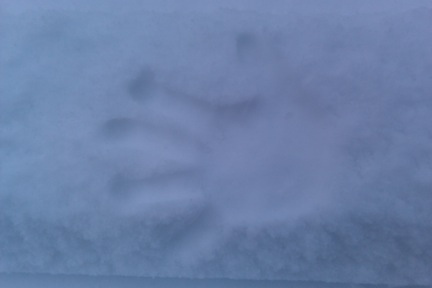 Little Man's Handprint on Fresh Snow Between the Tracks